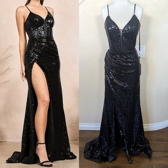 Black Sequin Sweetheart Neck Sleeveless Corset Formal Prom Evening Dress 10 - Picture 1 of 4